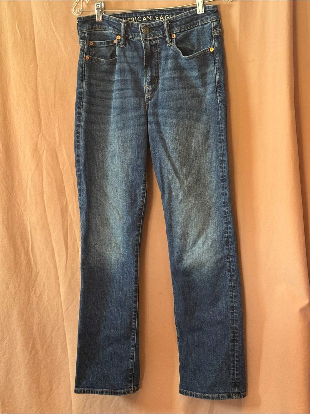 American Eagle Blue Denim Jeans with Tan Leather Patch